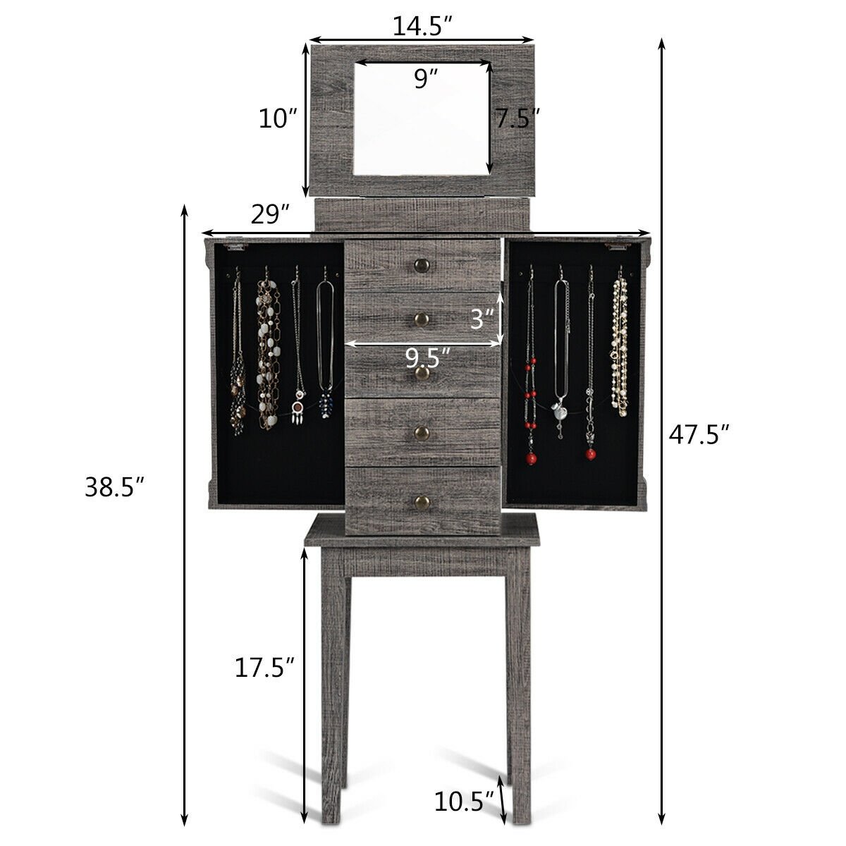 Standing Jewelry Cabinet Storage Organizer with Wooden Legs view 9