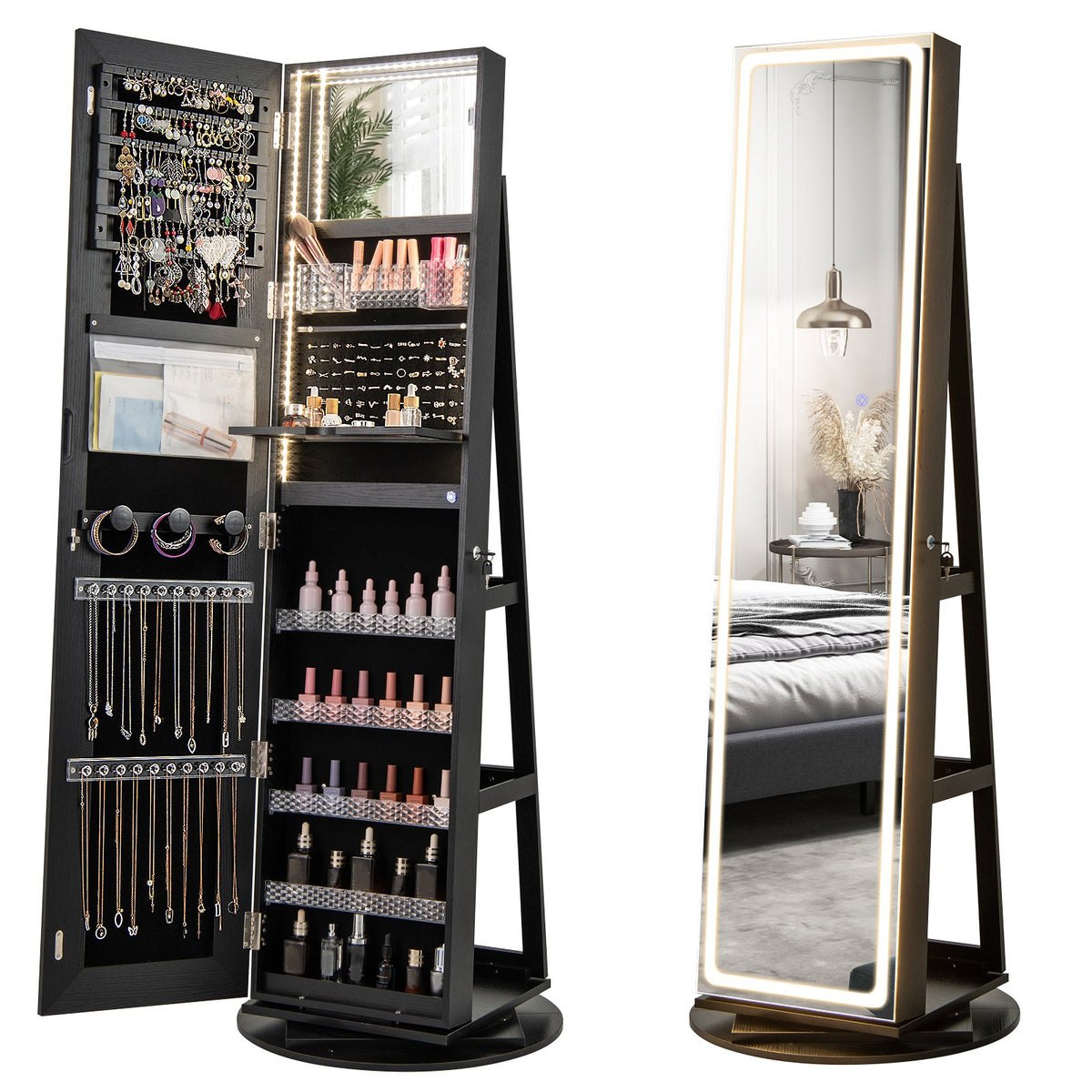 Standing Jewelry Cabinet with Adjustable LED Lights-Black