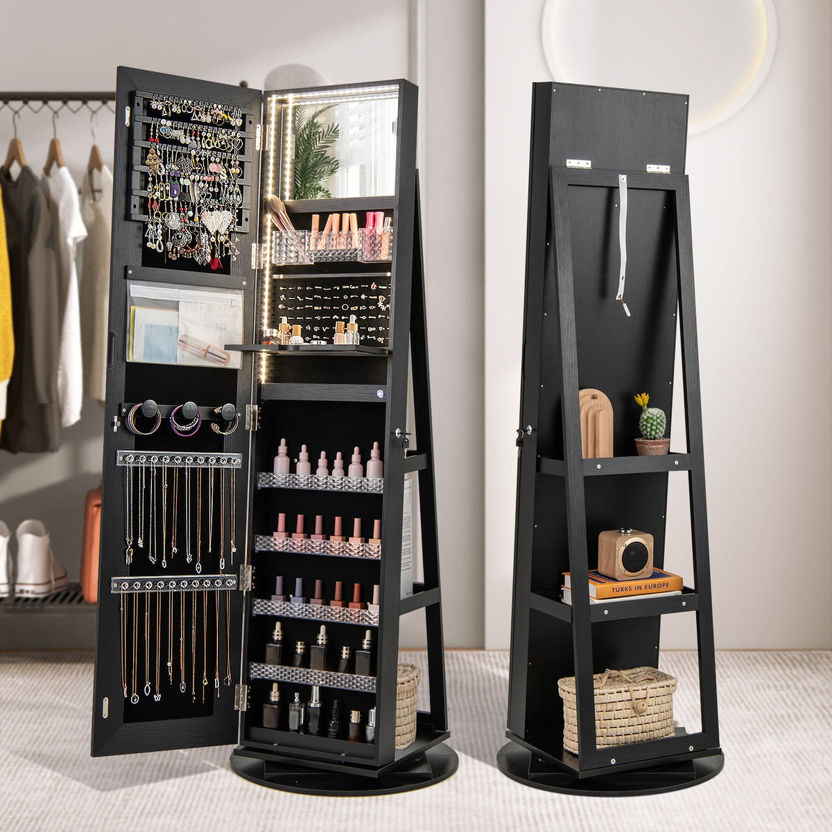 Standing Jewelry Cabinet with Adjustable LED Lights-Black view 2