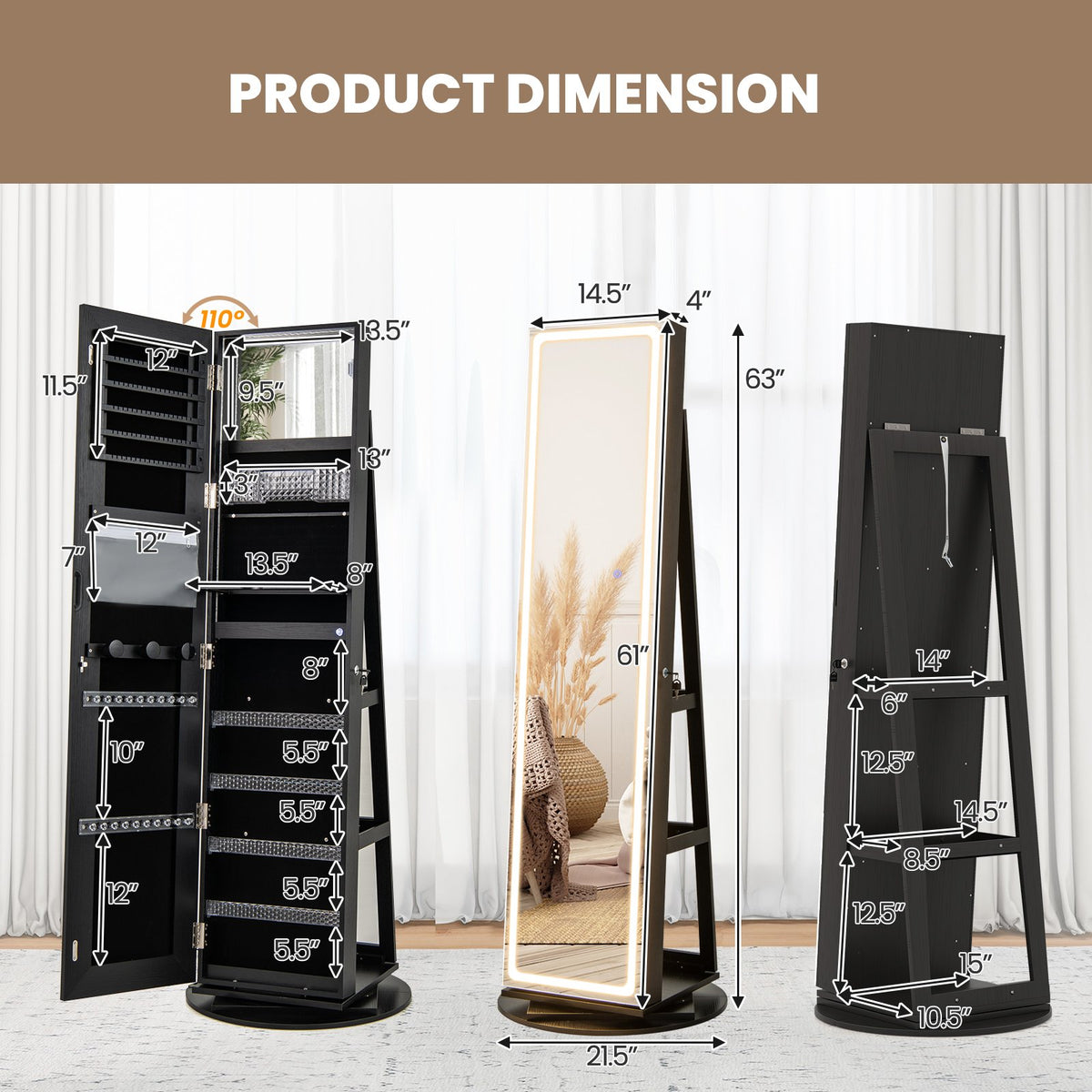 Standing Jewelry Cabinet with Adjustable LED Lights-Black view 5