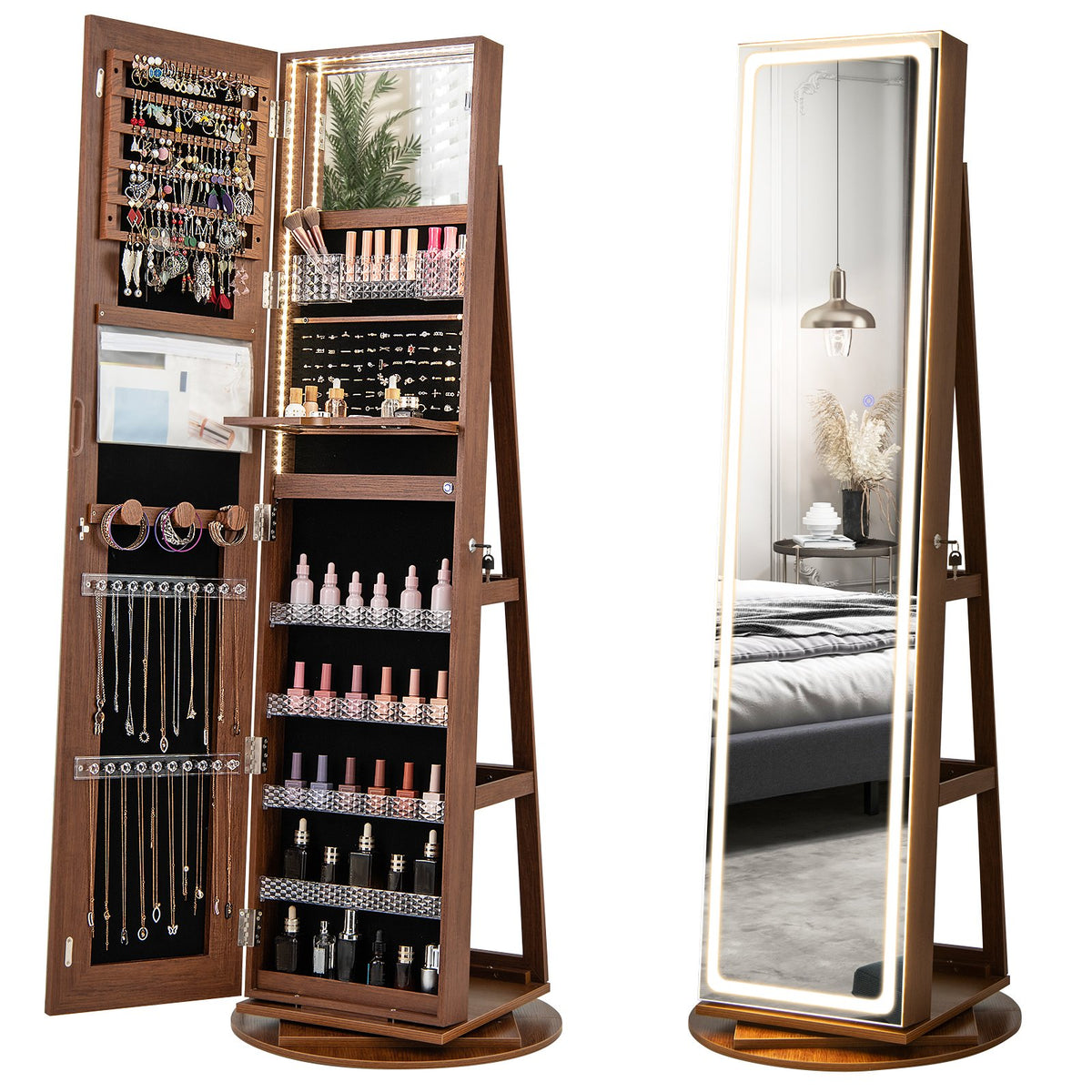 Standing Jewelry Cabinet with Adjustable LED Lights-Brown