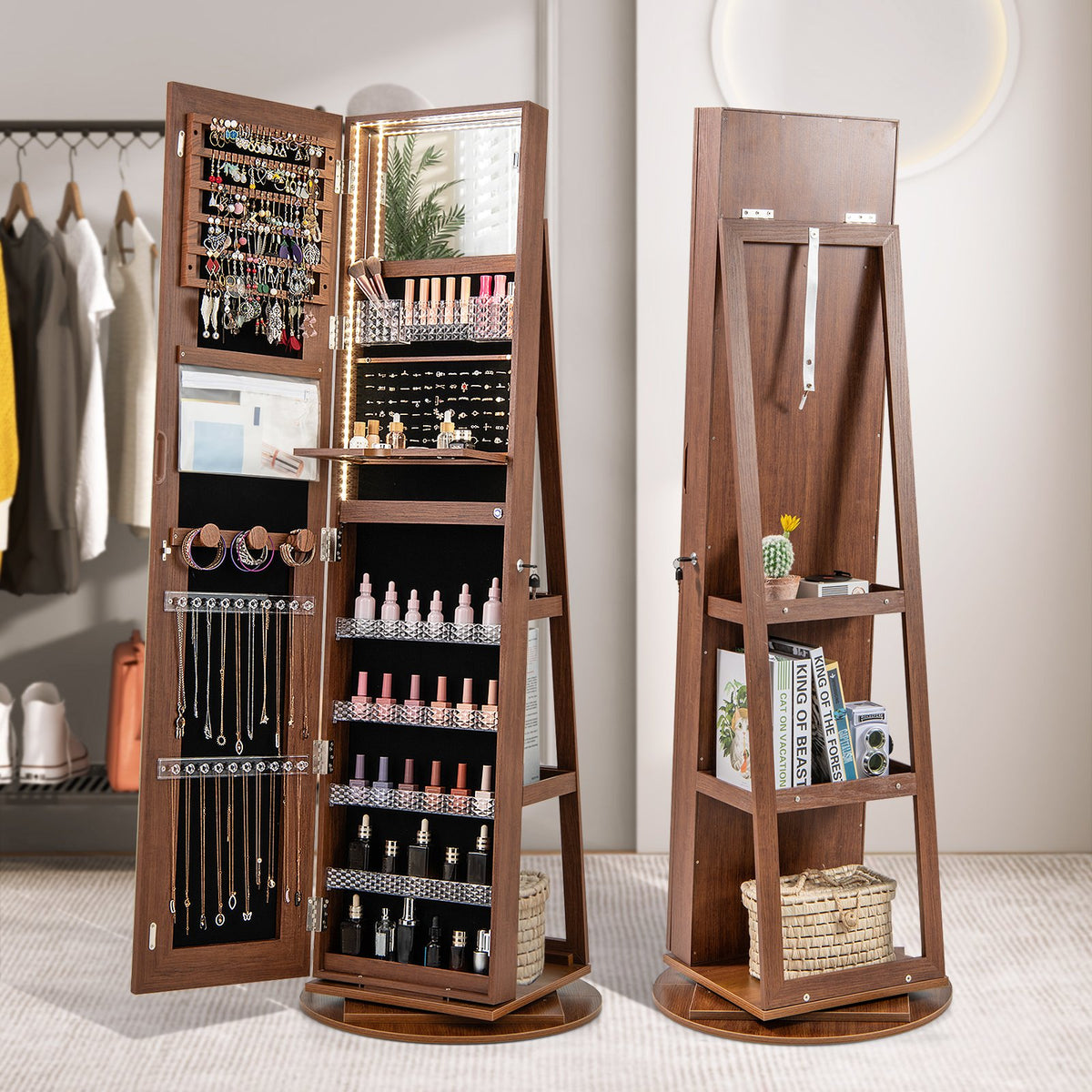 Standing Jewelry Cabinet with Adjustable LED Lights-Brown view 2