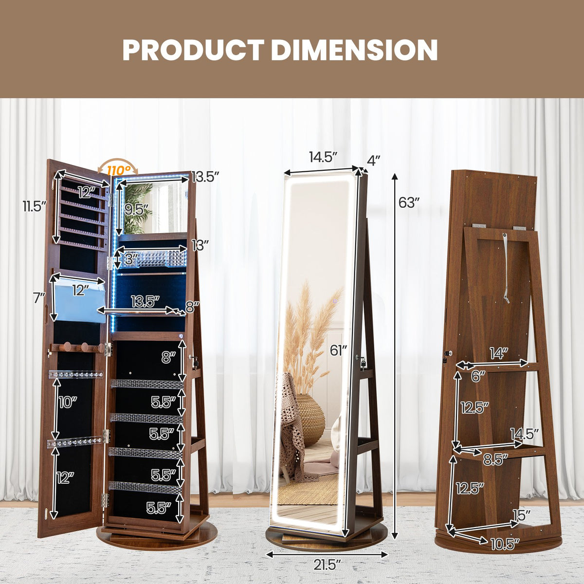 Standing Jewelry Cabinet with Adjustable LED Lights-Brown view 5