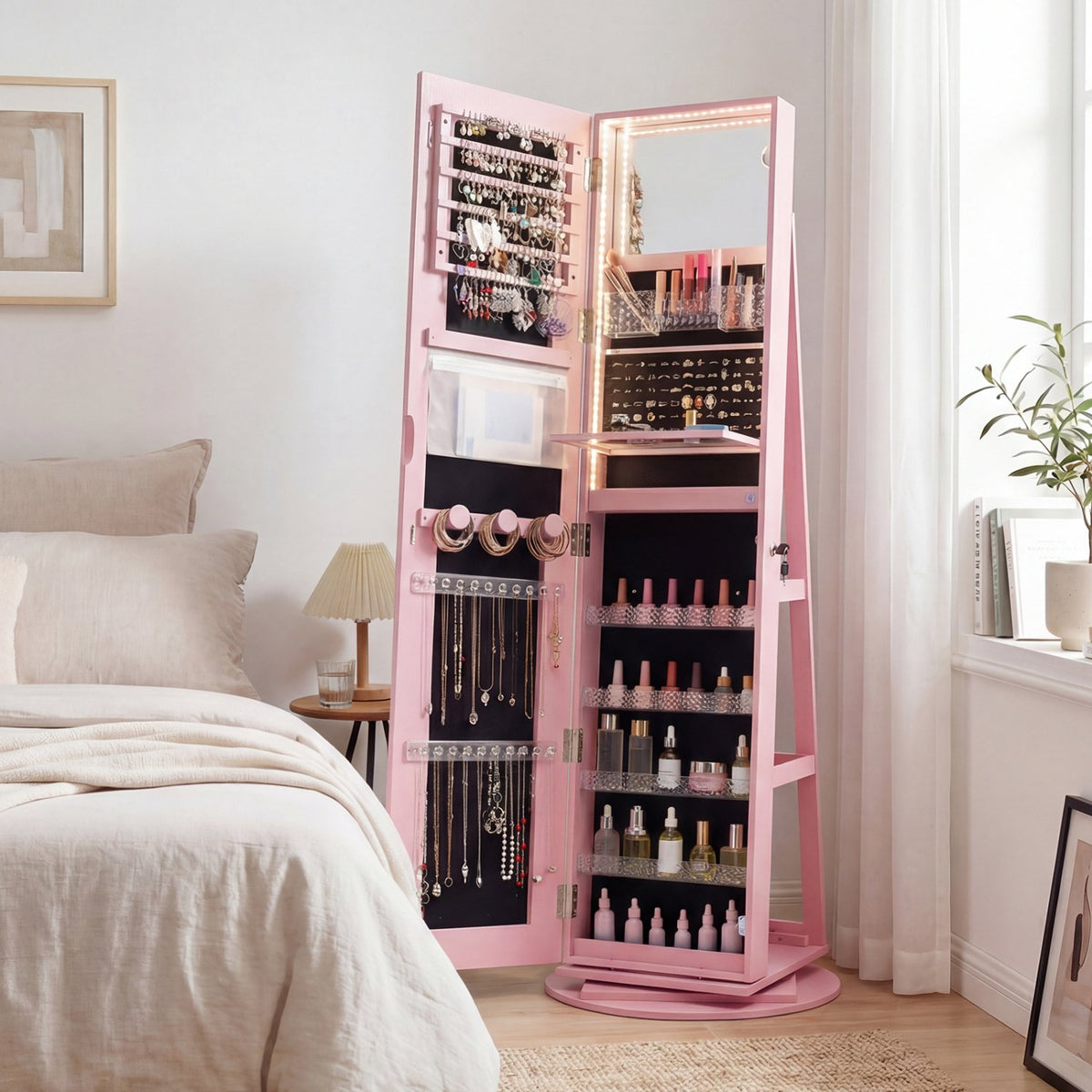 Standing Jewelry Cabinet with Adjustable LED Lights-Pink view 2
