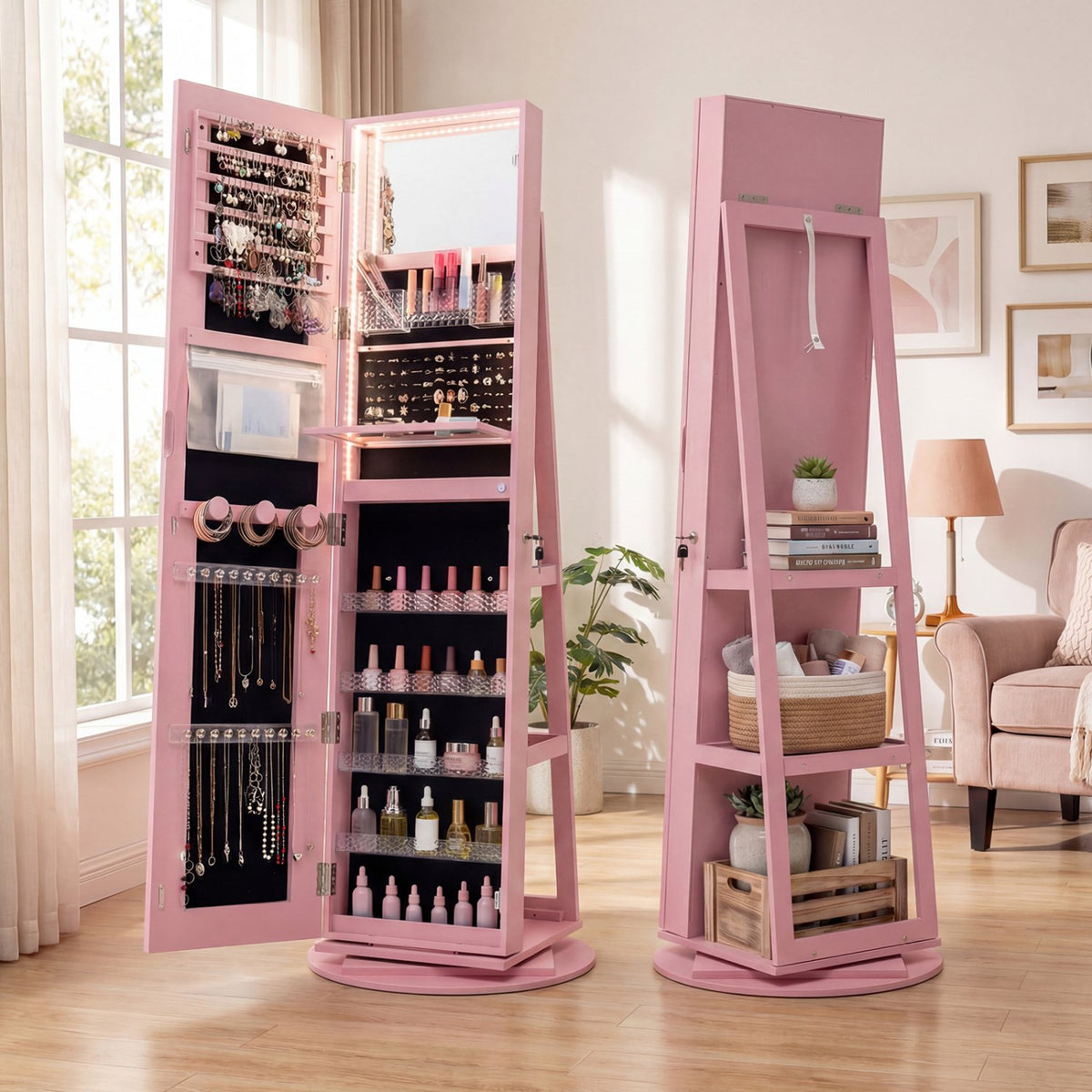 Standing Jewelry Cabinet with Adjustable LED Lights-Pink view 3