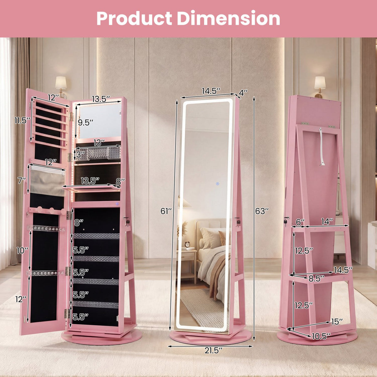 Standing Jewelry Cabinet with Adjustable LED Lights-Pink view 4