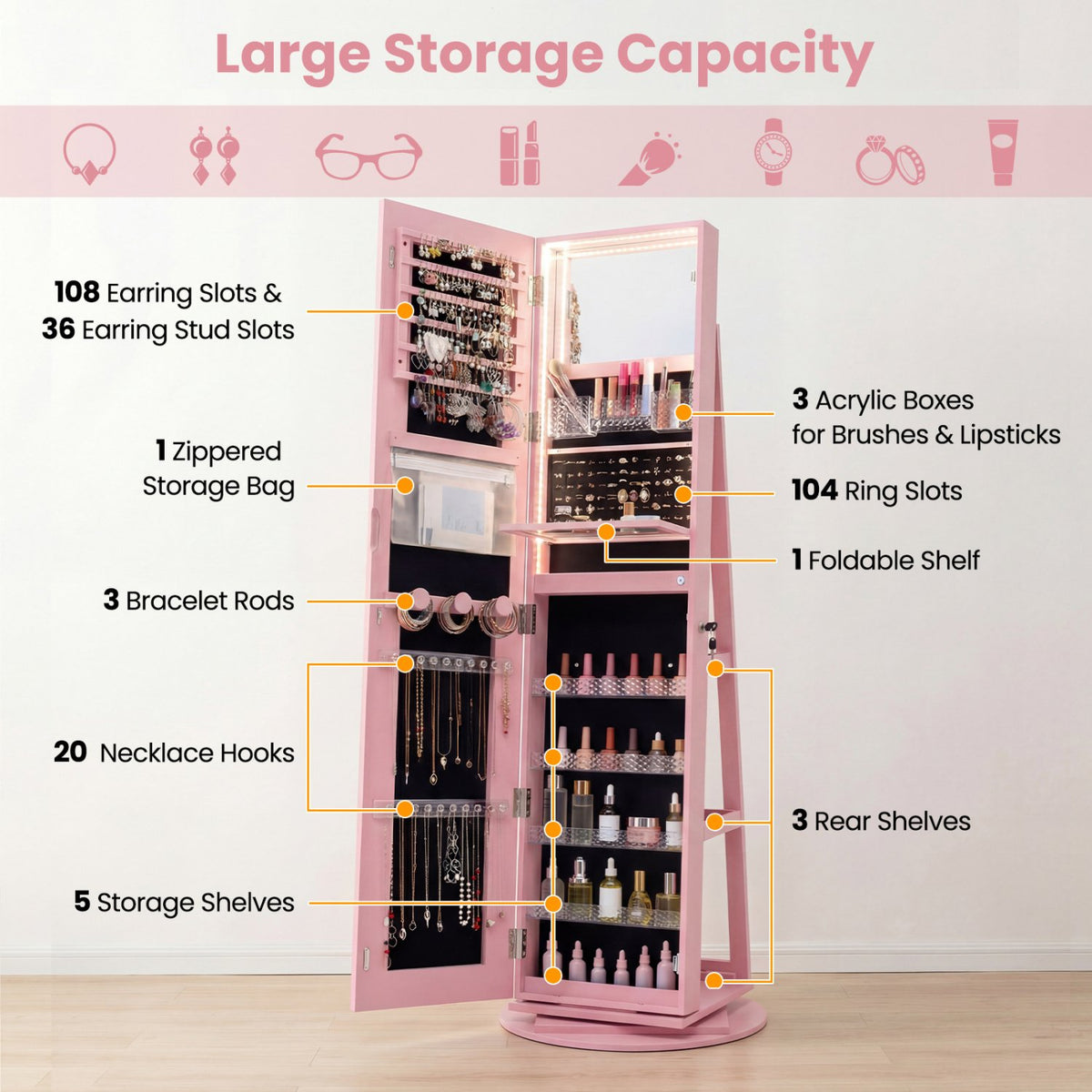 Standing Jewelry Cabinet with Adjustable LED Lights-Pink view 9