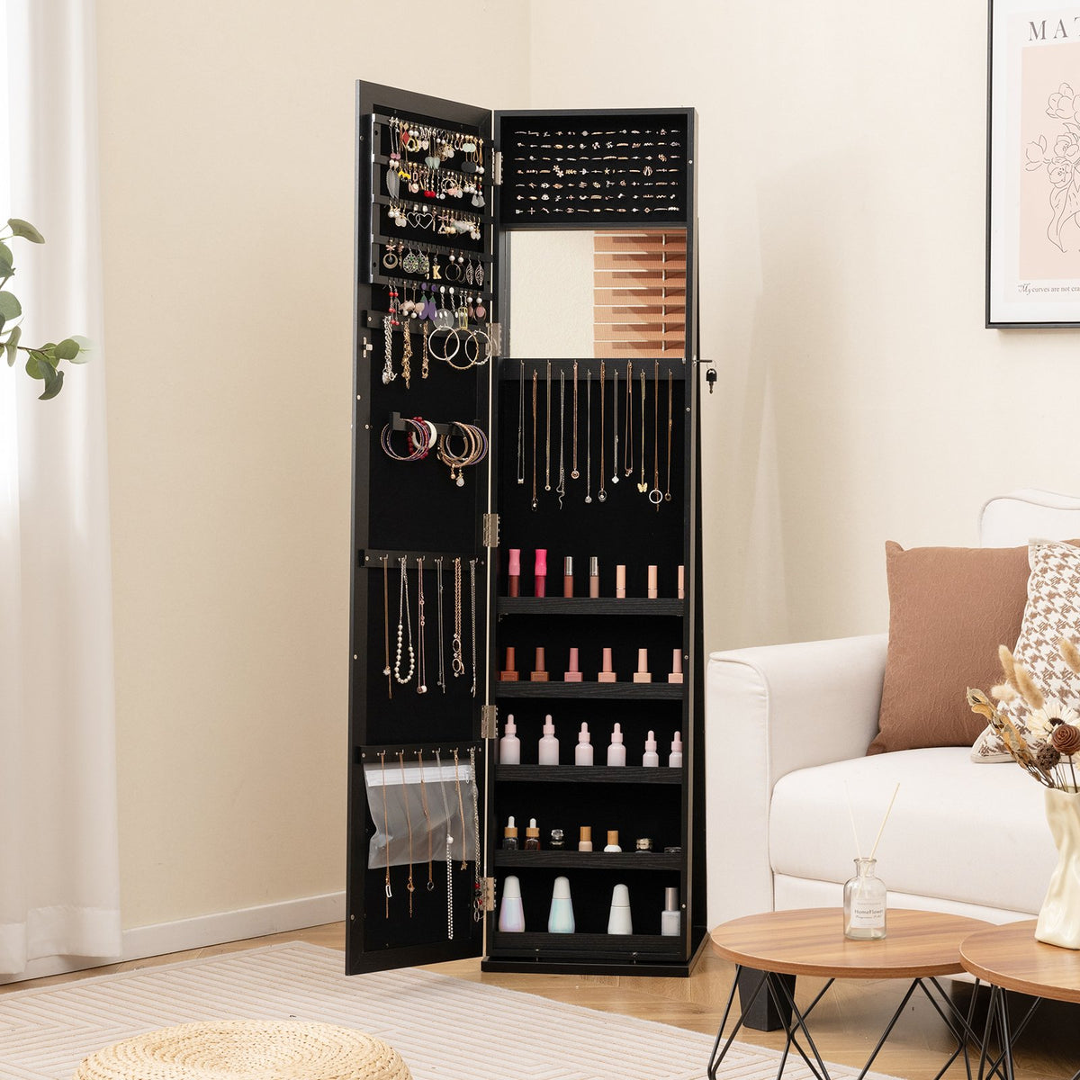 Standing Lockable Jewelry Storage Organizer with Full-Length Mirror-Black view 2