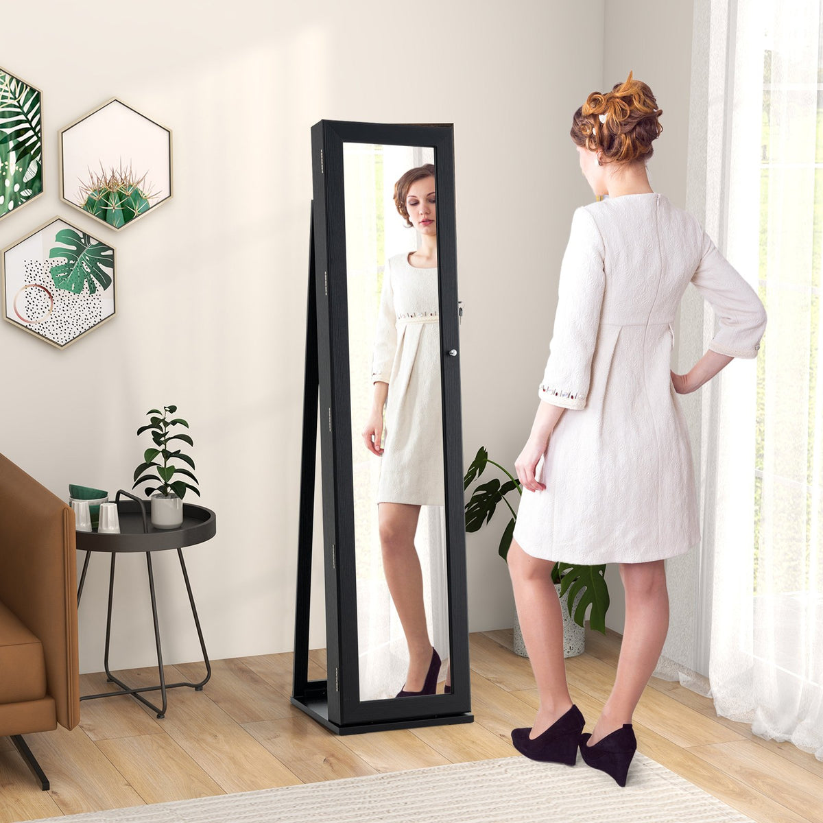 Standing Lockable Jewelry Storage Organizer with Full-Length Mirror-Black view 3