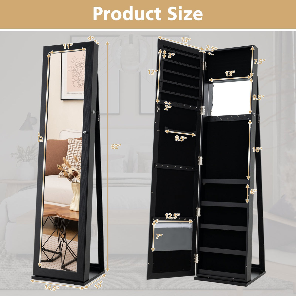 Standing Lockable Jewelry Storage Organizer with Full-Length Mirror-Black view 5