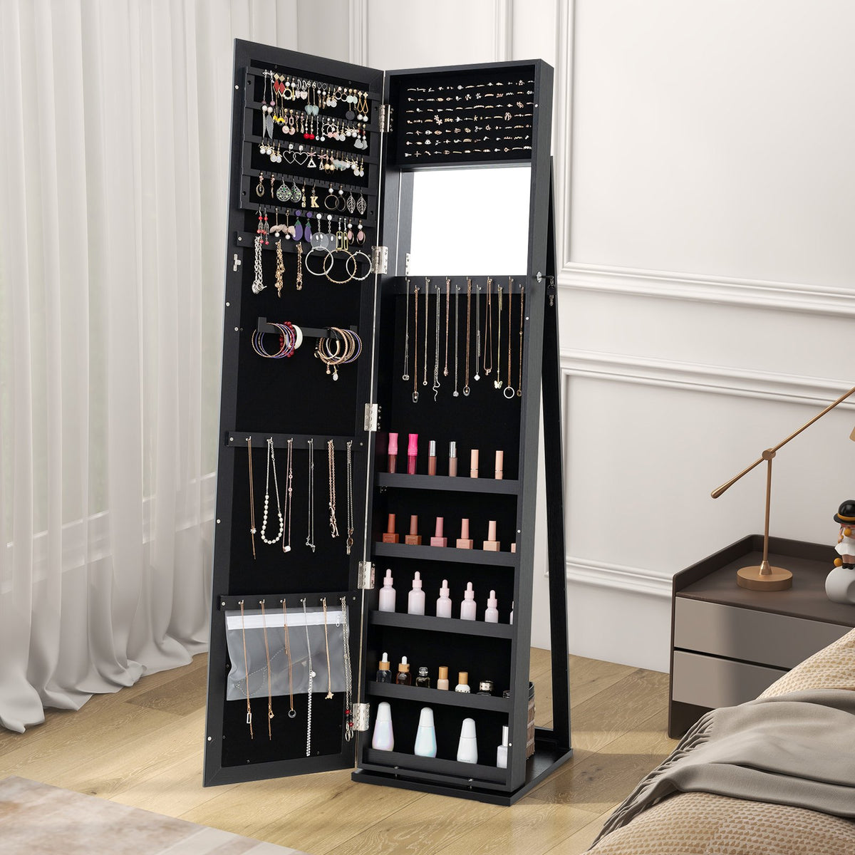 Standing Lockable Jewelry Storage Organizer with Full-Length Mirror-Black view 6