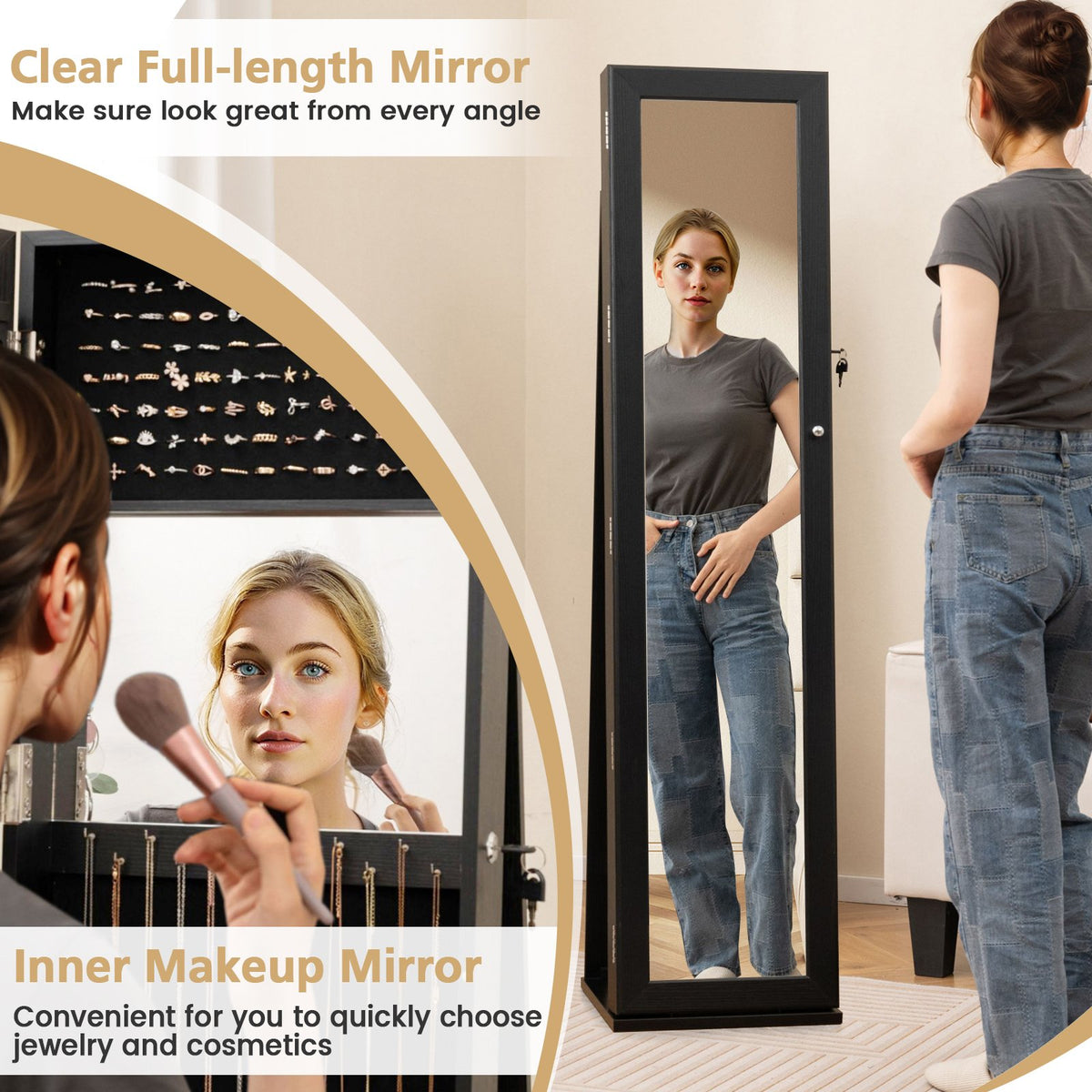 Standing Lockable Jewelry Storage Organizer with Full-Length Mirror-Black view 7