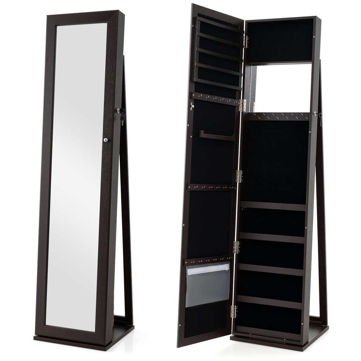Standing Lockable Jewelry Storage Organizer with Full-Length Mirror-Coffee view 4