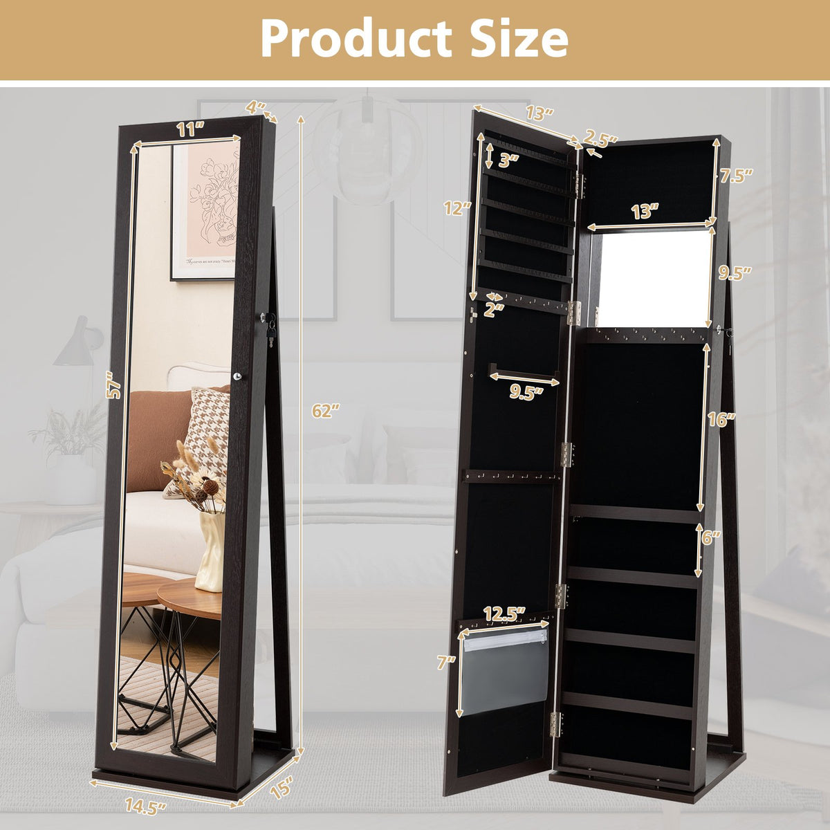 Standing Lockable Jewelry Storage Organizer with Full-Length Mirror-Coffee view 5