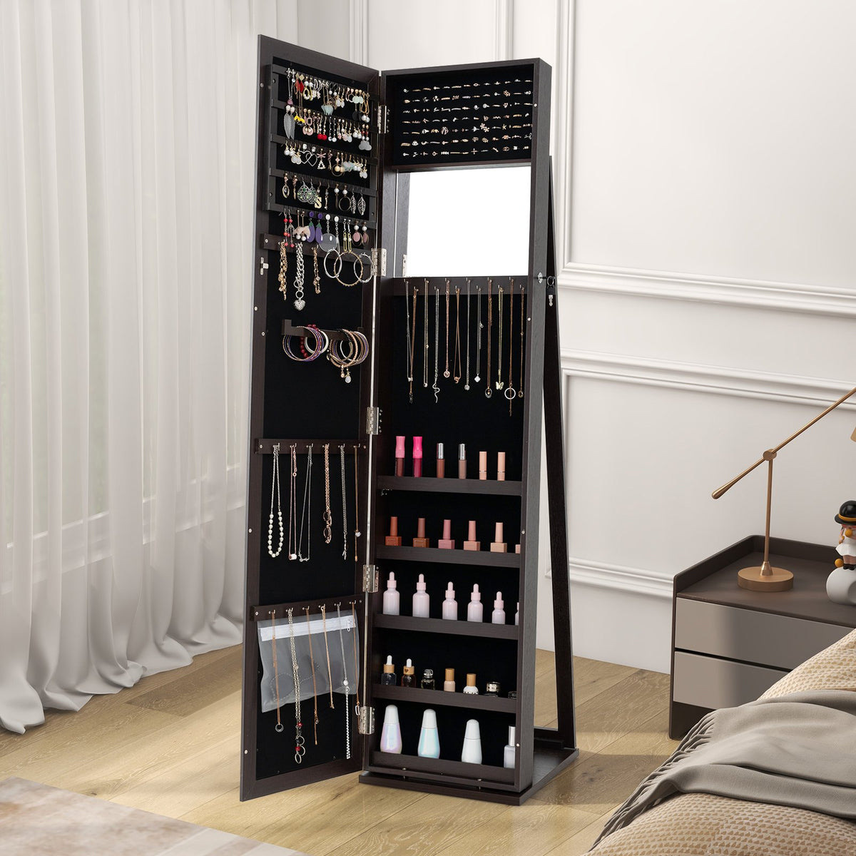 Standing Lockable Jewelry Storage Organizer with Full-Length Mirror-Coffee view 6