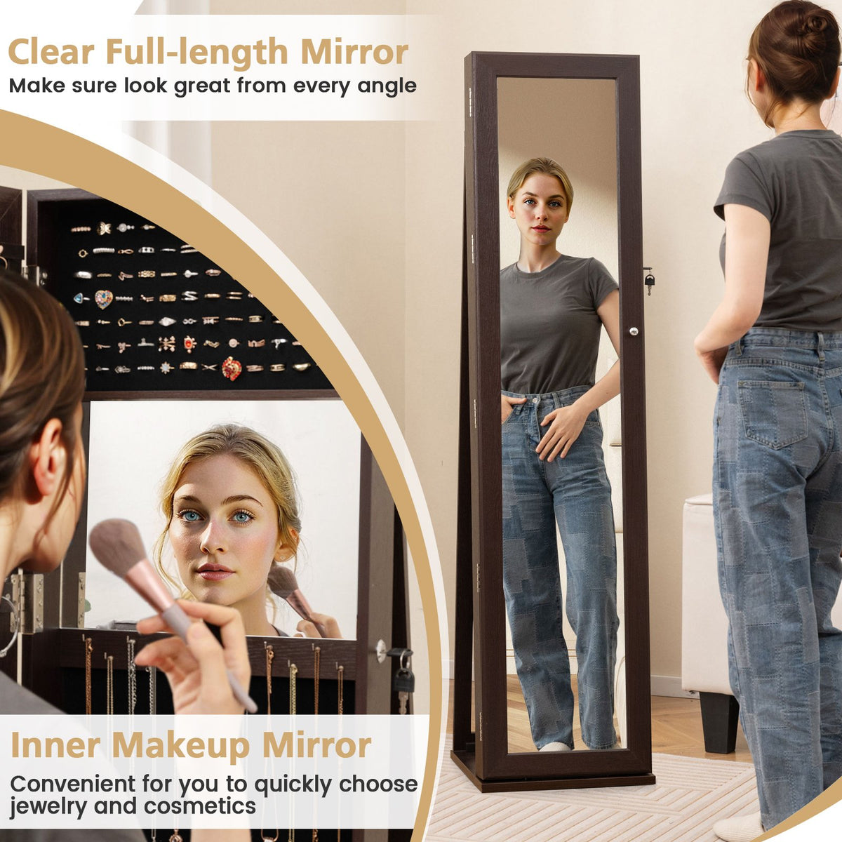Standing Lockable Jewelry Storage Organizer with Full-Length Mirror-Coffee view 7