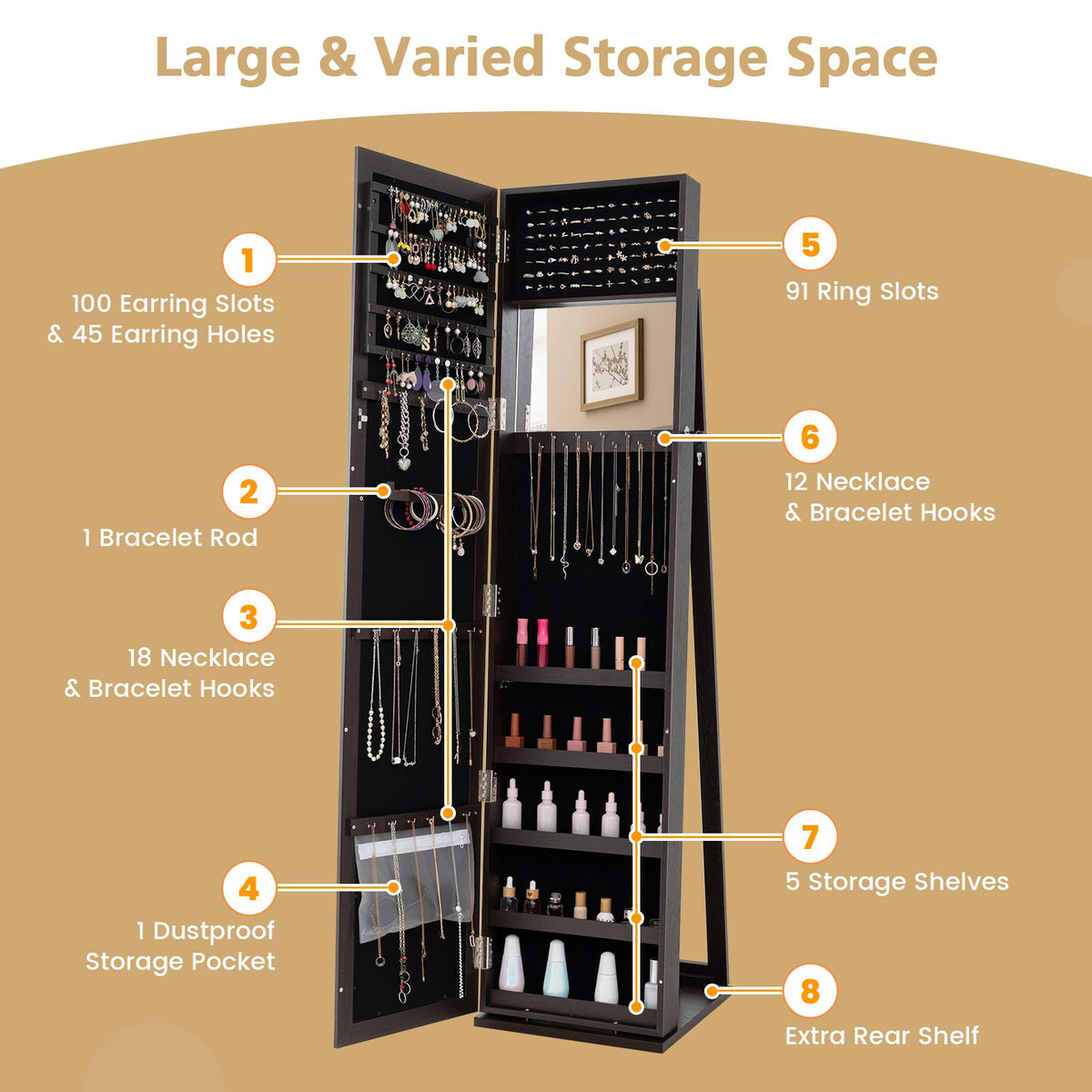 Standing Lockable Jewelry Storage Organizer with Full-Length Mirror-Coffee view 8
