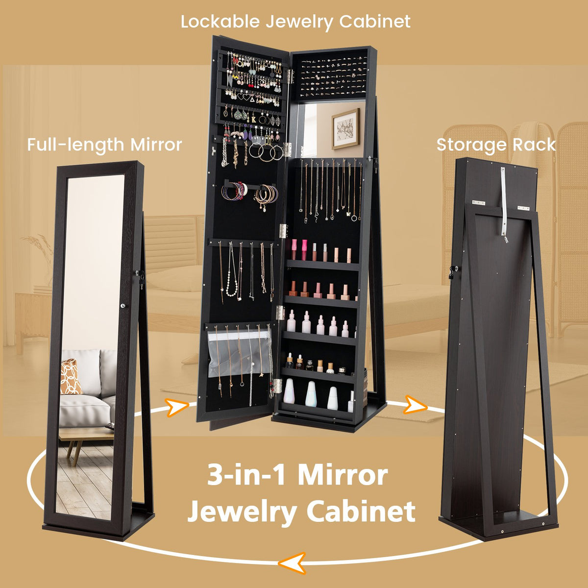 Standing Lockable Jewelry Storage Organizer with Full-Length Mirror-Coffee view 9