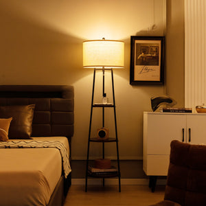 Standing Shelf Floor Lamp with Storage Shelves and Linen Lampshade view 2