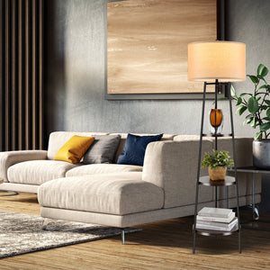 Standing Shelf Floor Lamp with Storage Shelves and Linen Lampshade view 3