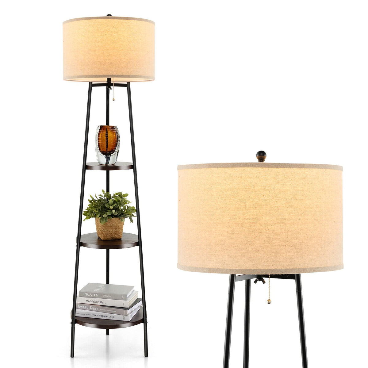Standing Shelf Floor Lamp with Storage Shelves and Linen Lampshade view 4