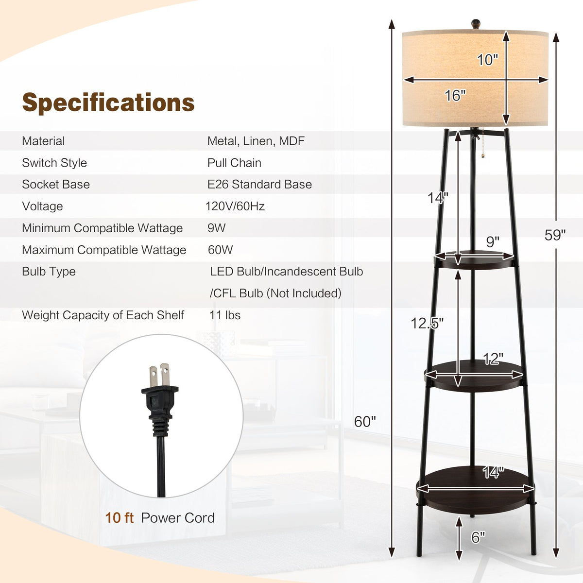 Standing Shelf Floor Lamp with Storage Shelves and Linen Lampshade view 5