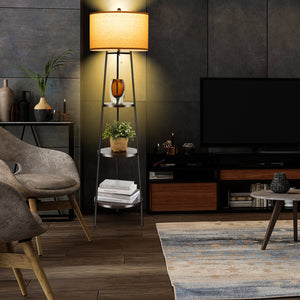 Standing Shelf Floor Lamp with Storage Shelves and Linen Lampshade view 6