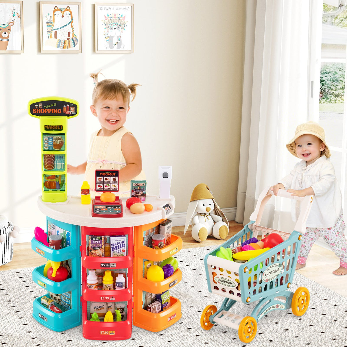 Supermarket Playset for Kids 76 PCS Pretend Play Grocery Store Set with Shopping Cart-Blue view 2