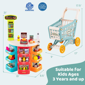 Supermarket Playset for Kids 76 PCS Pretend Play Grocery Store Set with Shopping Cart-Blue view 3