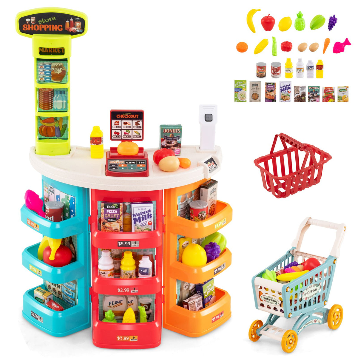Supermarket Playset for Kids 76 PCS Pretend Play Grocery Store Set with Shopping Cart-Blue view 4