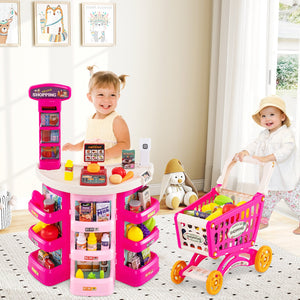 Supermarket Playset for Kids 76 PCS Pretend Play Grocery Store Set with Shopping Cart-Pink view 2