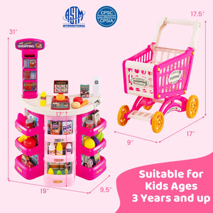 Supermarket Playset for Kids 76 PCS Pretend Play Grocery Store Set with Shopping Cart-Pink view 3