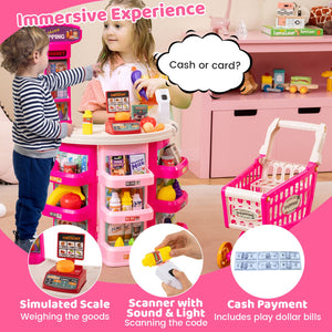 Supermarket Playset for Kids 76 PCS Pretend Play Grocery Store Set with Shopping Cart-Pink view 4