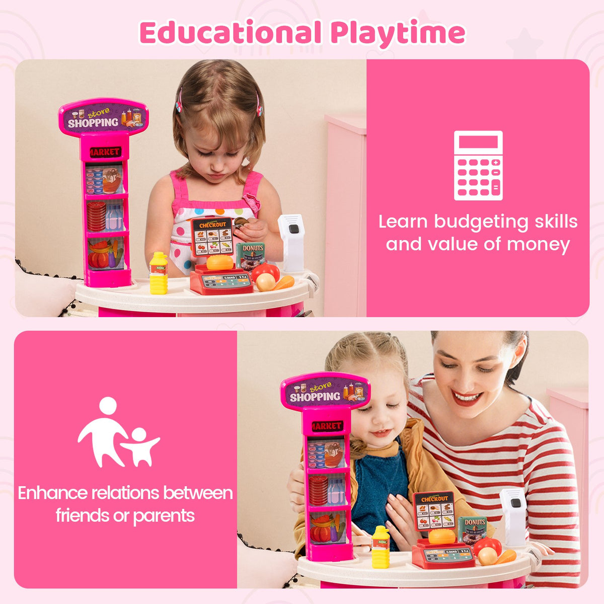 Supermarket Playset for Kids 76 PCS Pretend Play Grocery Store Set with Shopping Cart-Pink view 5