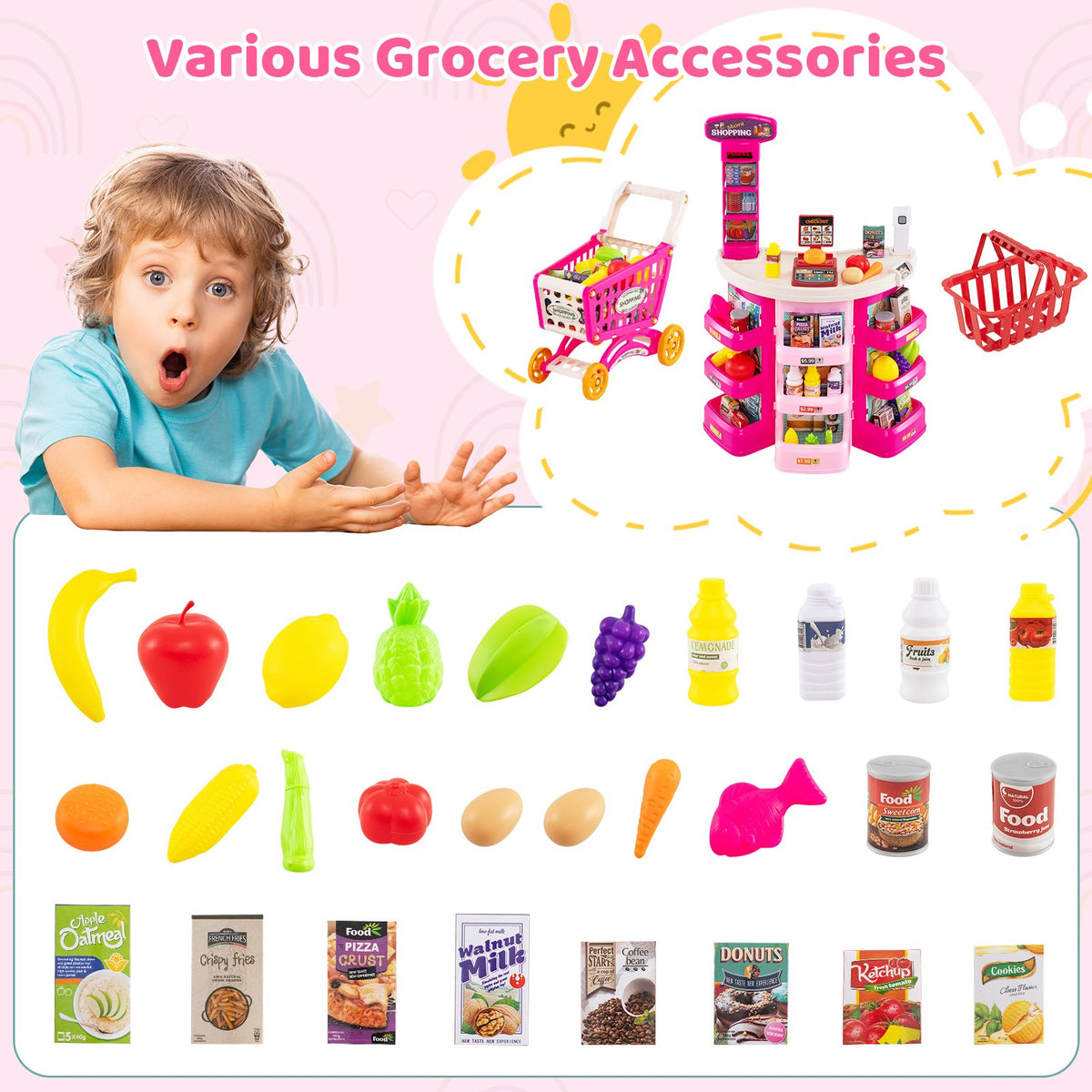 Supermarket Playset for Kids 76 PCS Pretend Play Grocery Store Set with Shopping Cart-Pink view 9