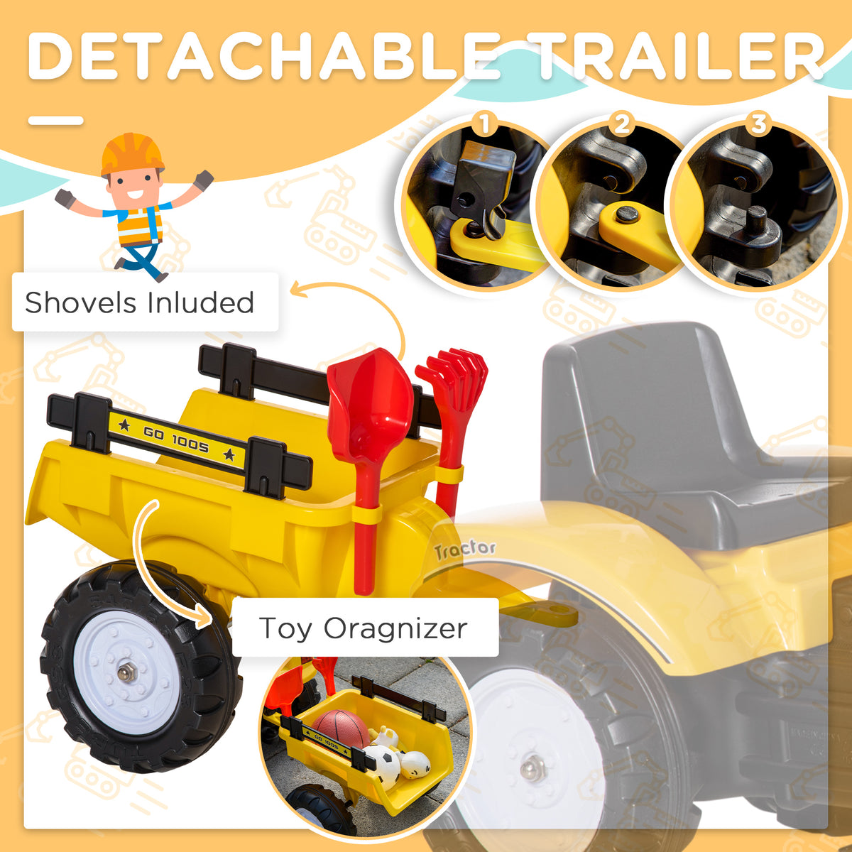 Aosom Ride on Tractor for Kids, Pedal Construction Car with Horn & Detachable Trailer for 3 Years Old, Yellow