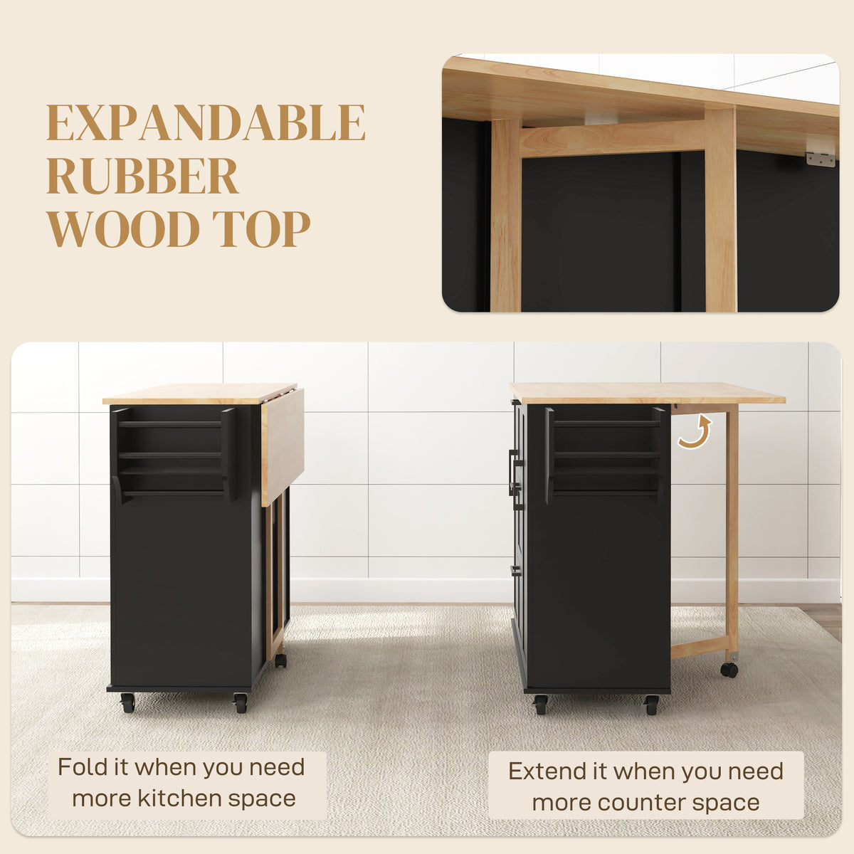 Rolling Kitchen Cart on Wheels with Drop Leaf, Kitchen Island with 3 Drawers – view 11