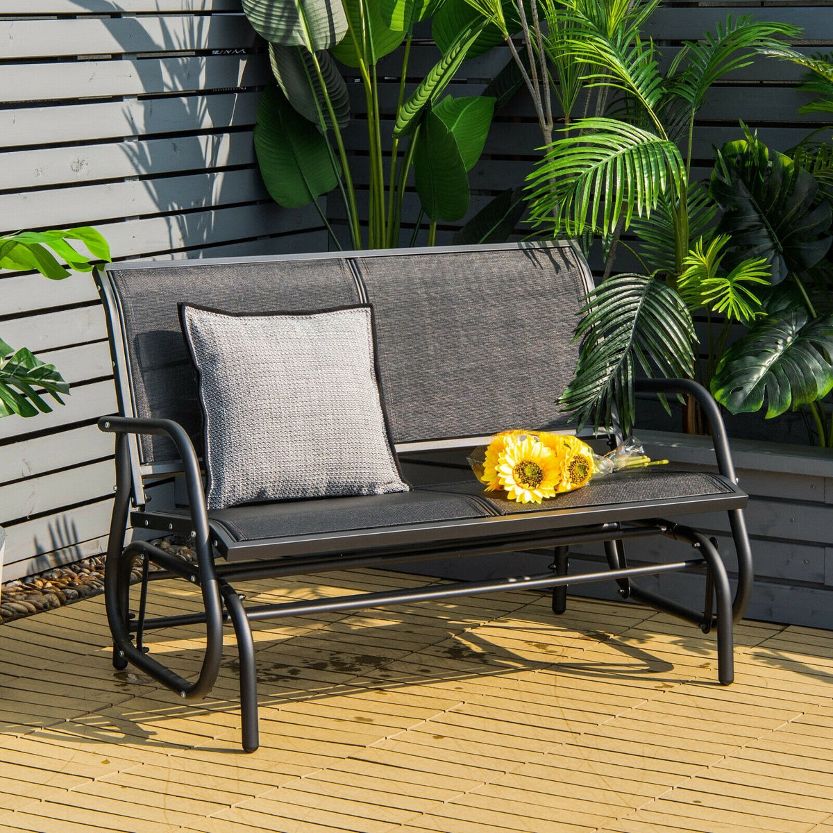 Swing Glider Chair 48 Inch Loveseat Rocker Lounge Backyard-Black view 2