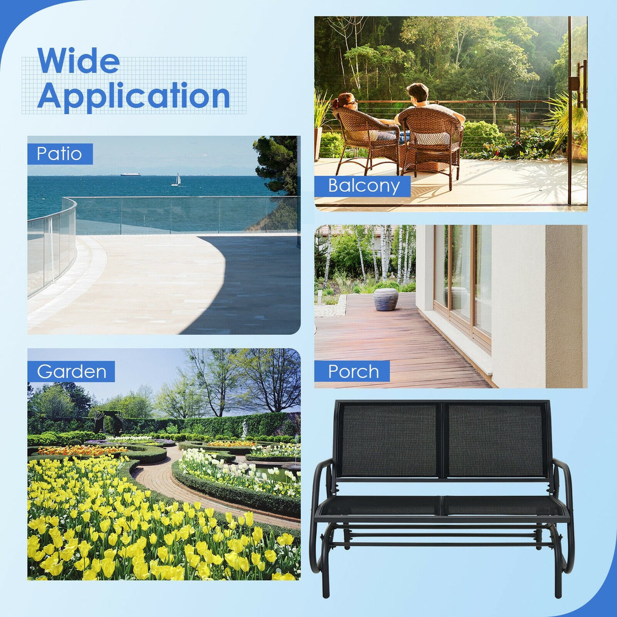 Swing Glider Chair 48 Inch Loveseat Rocker Lounge Backyard-Black view 6