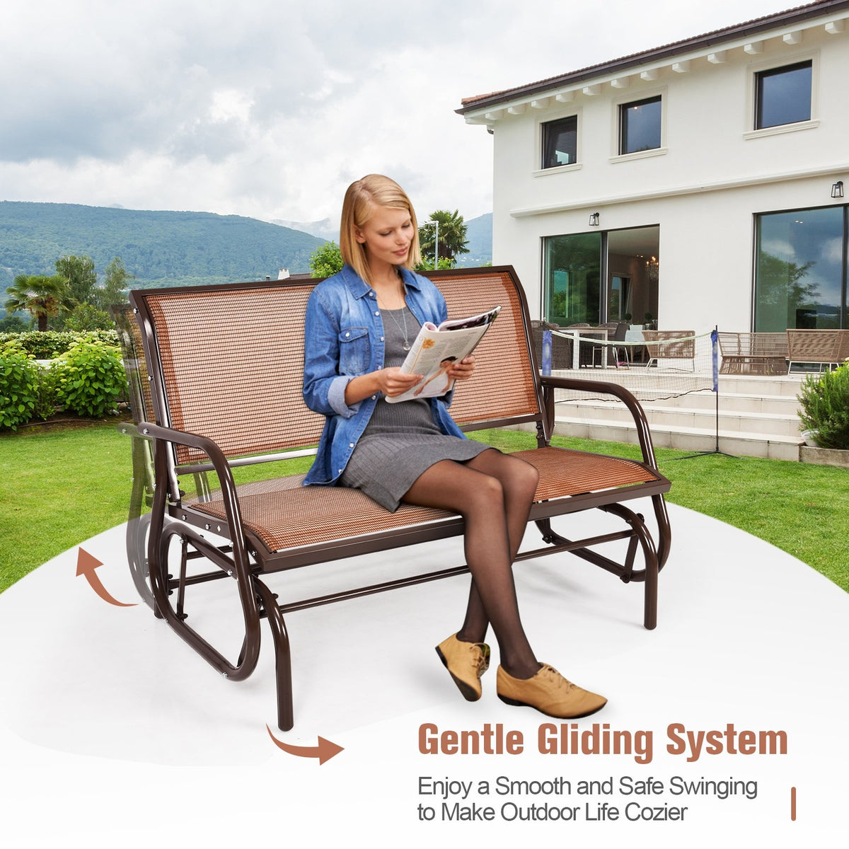 Swing Glider Chair 48 Inch Loveseat Rocker Lounge Backyard-Brown view 7