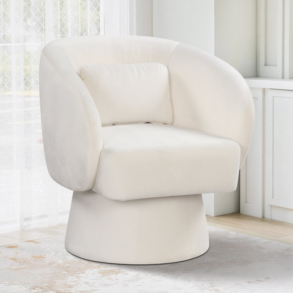 Swivel Accent Chair Upholstered Barrel Chair with Curved Back and Removable Lumbar Pillow-Beige view 2