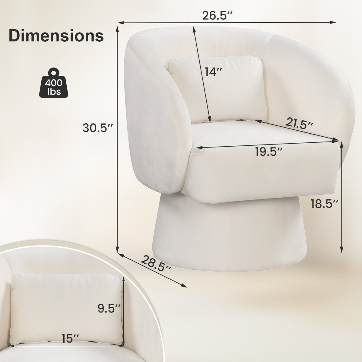 Swivel Accent Chair Upholstered Barrel Chair with Curved Back and Removable Lumbar Pillow-Beige view 4