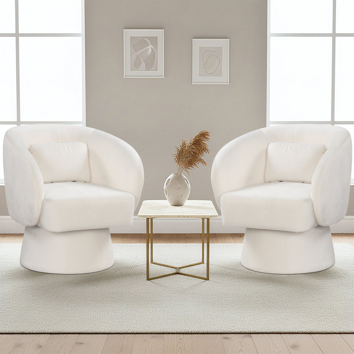 Swivel Accent Chair Upholstered Barrel Chair with Curved Back and Removable Lumbar Pillow-Beige view 5