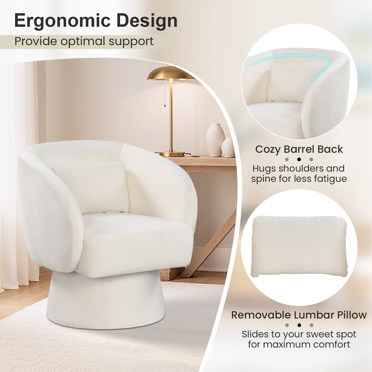 Swivel Accent Chair Upholstered Barrel Chair with Curved Back and Removable Lumbar Pillow-Beige view 6