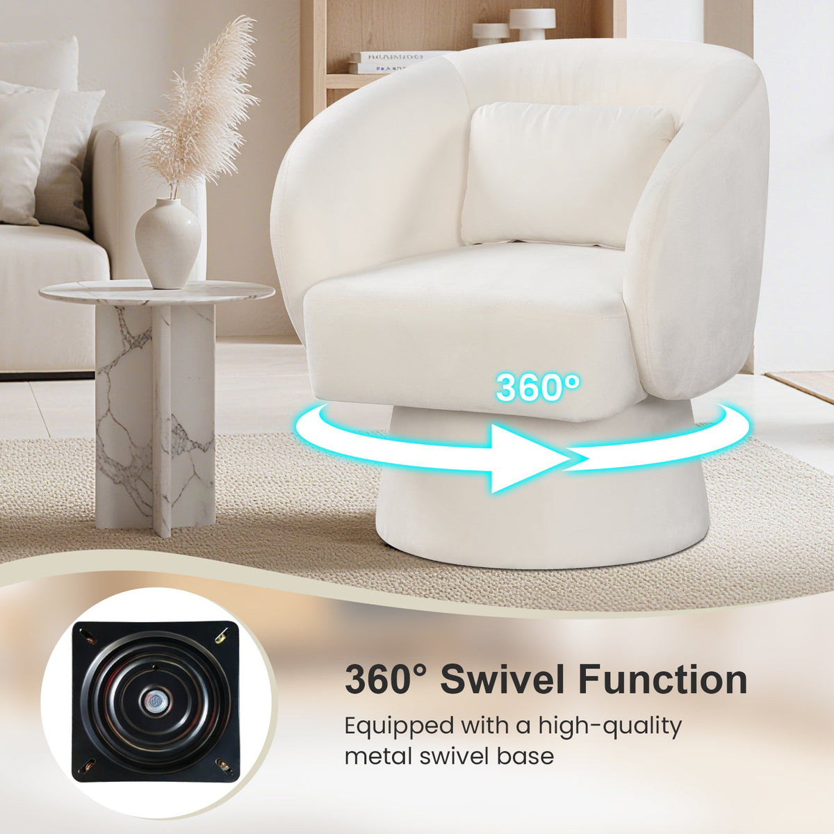 Swivel Accent Chair Upholstered Barrel Chair with Curved Back and Removable Lumbar Pillow-Beige view 8