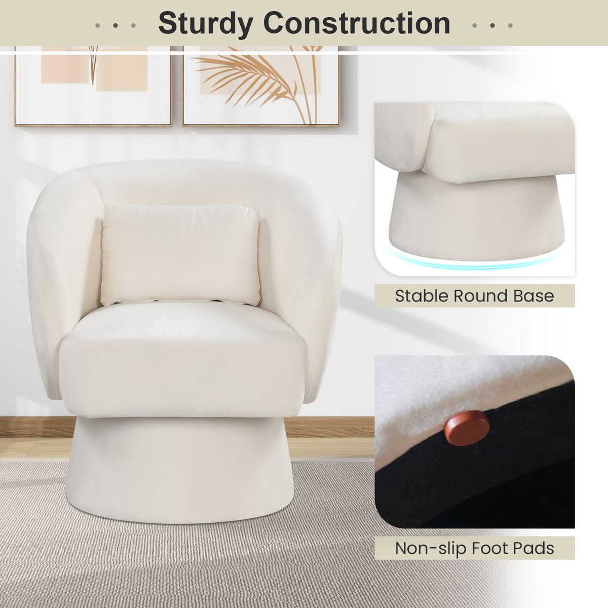 Swivel Accent Chair Upholstered Barrel Chair with Curved Back and Removable Lumbar Pillow-Beige view 9