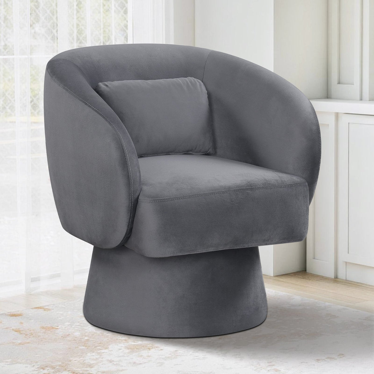 Swivel Accent Chair Upholstered Barrel Chair with Curved Back and Removable Lumbar Pillow-Gray view 2