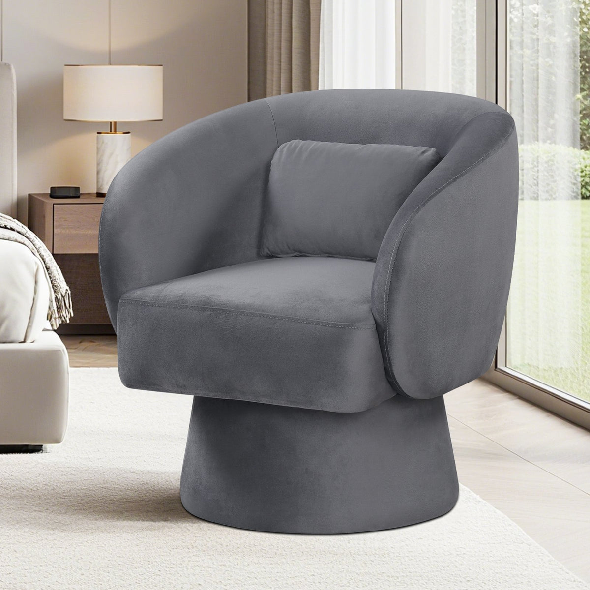 Swivel Accent Chair Upholstered Barrel Chair with Curved Back and Removable Lumbar Pillow-Gray view 3