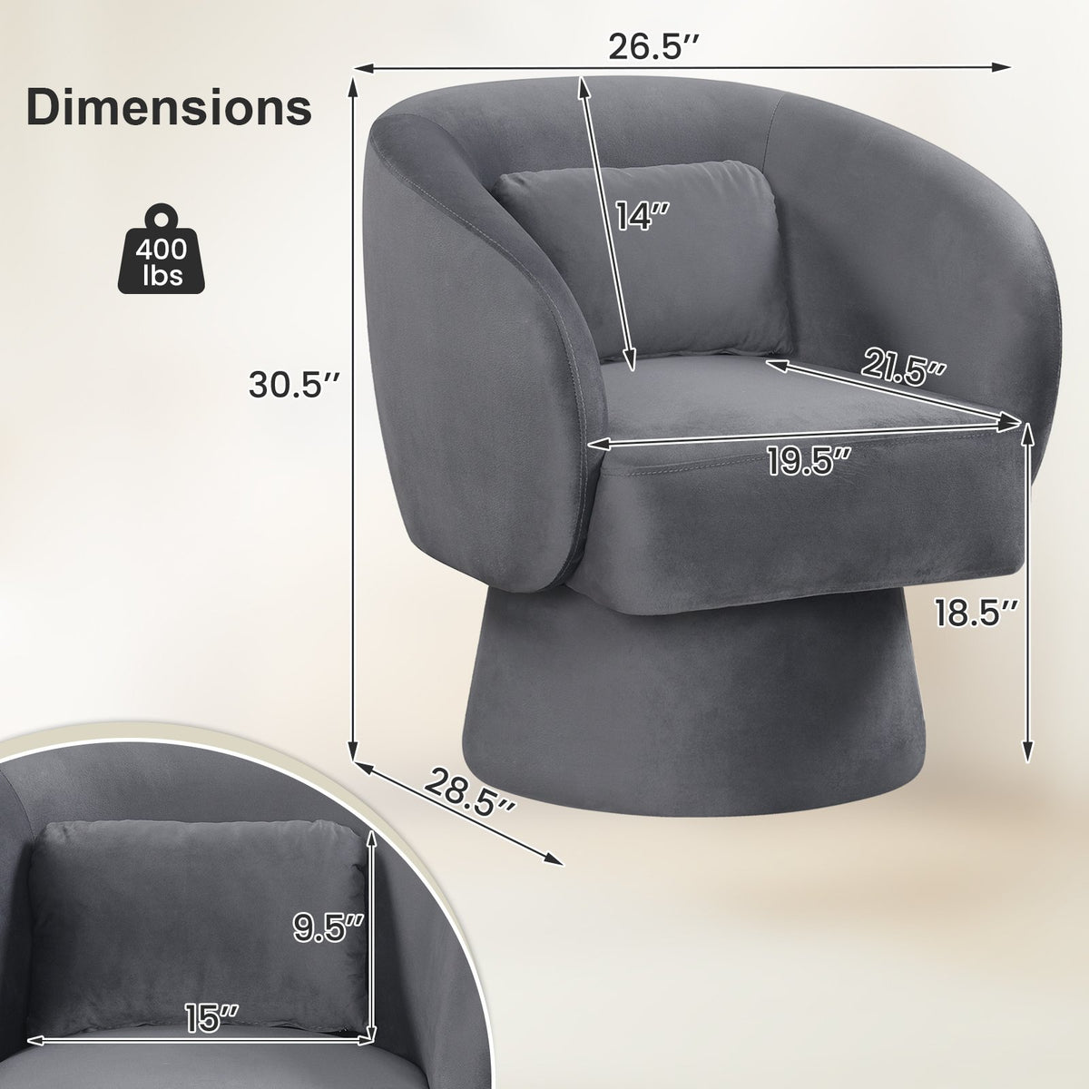 Swivel Accent Chair Upholstered Barrel Chair with Curved Back and Removable Lumbar Pillow-Gray view 4