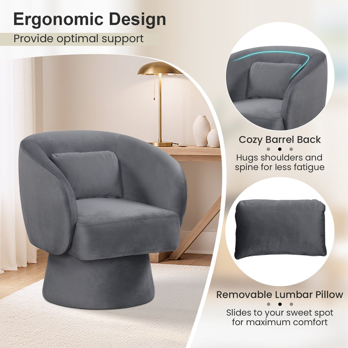 Swivel Accent Chair Upholstered Barrel Chair with Curved Back and Removable Lumbar Pillow-Gray view 5